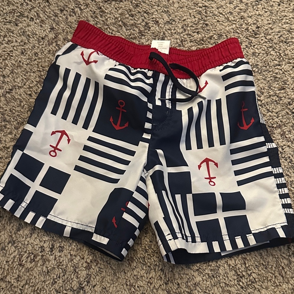 Gymboree Boys Navy, White & Red Anchor Swim Trunks